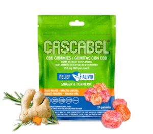 Cascabel CBD 25 ct Relief Gummies with Product & Ingredients Displayed