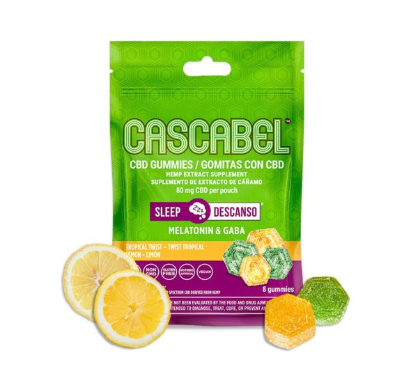CBD Sleep Gummies - with product and ingredients displayed | 1 pk 8 ct | Cascabel™ | Daily Routine Supplement | GMP Compliant | Natural