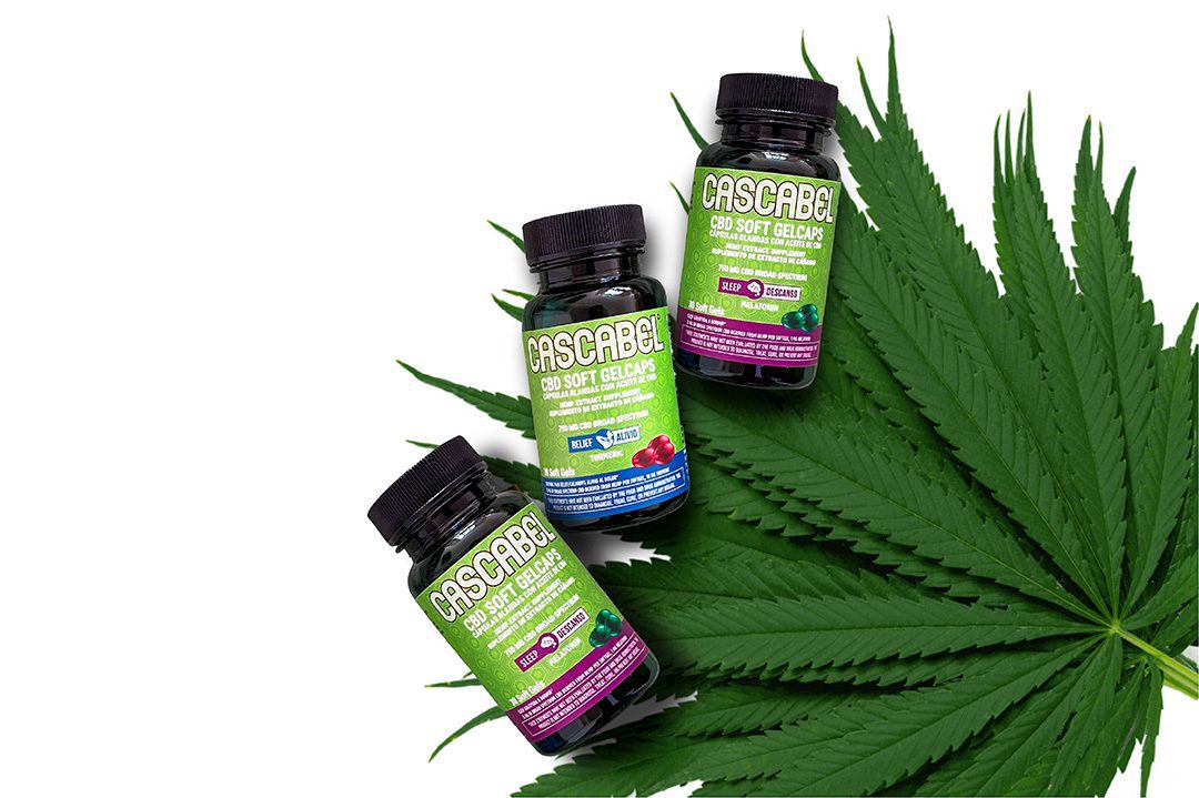 Cascabel™ CBD Soft Gels image on top of natural ingredient leaves