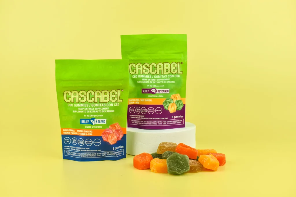 Cascabel CBD Gummies with Product Displayed on a yellow background